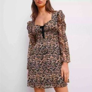 Zara Animal Print Milkmaid Dress with Velvet Bow - Size M